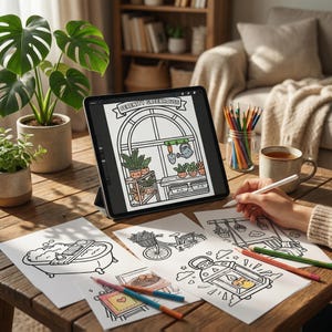 Op de afbeelding: Een digitale tablet met een kleurplaat met de tekst "Serenity Greenhouse". Er liggen verschillende kleurplaten en kleurpotloden op een houten tafel. Een kopje thee en potplanten zijn ook zichtbaar.