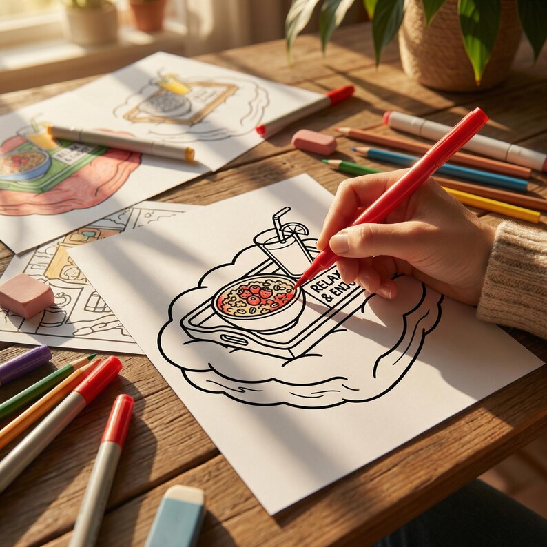 Op de afbeelding: Een persoon kleurt een zwart-wit lijntekening van een ontbijtbakje met een kom ontbijtgranen en een drankje. De tekening bevat de tekst "Relax & Enjoy". Gekleurde potloden en stiften liggen op een houten tafel.