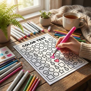 Person coloring a printed 8.5x8.5 page with pastel markers on a wooden desk, surrounded by aesthetic Halloween decorations and candles.