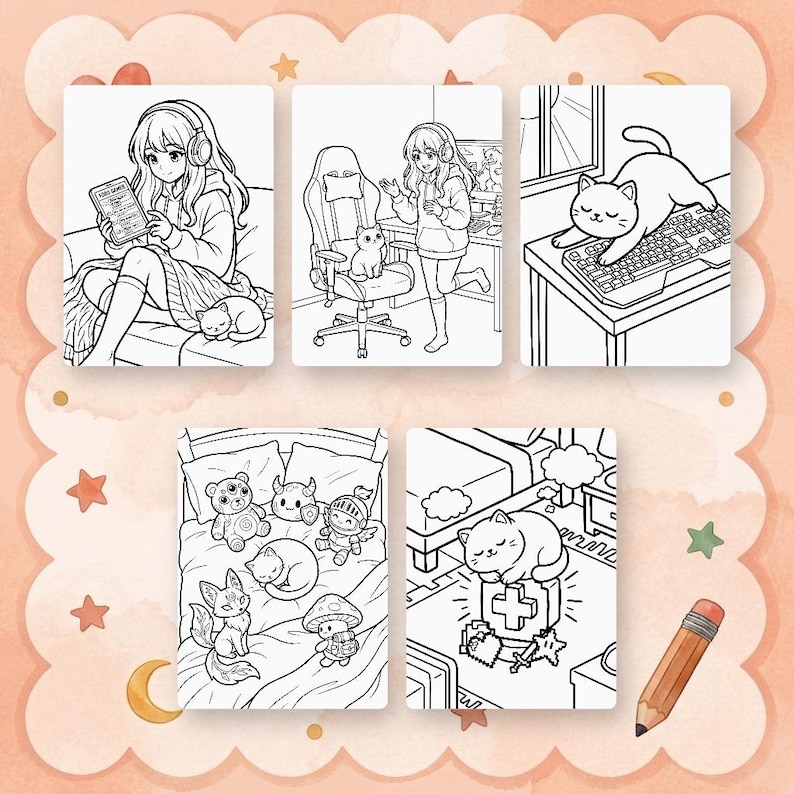 High resolution printable coloring page with a detailed illustration of Mochi the cat sitting at a gaming setup with a controller, in a clear line art style.