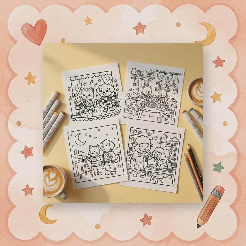 May include: Four coloring pages featuring cartoon animals in various scenes, including playing music, dining, stargazing, and grooming. The pages are surrounded by art supplies like markers and pencils, with a latte and decorative border.