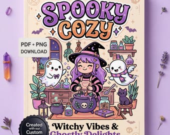 Spooky Cozy Coloring Book, Witchy Herbalist Ghost Friends, Bold Easy Pages (PDF + PNG Download)