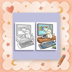 Detailed coloring page featuring a pastel-themed gaming setup with a cat, warm lighting, and chunky blanket, printable digital art.