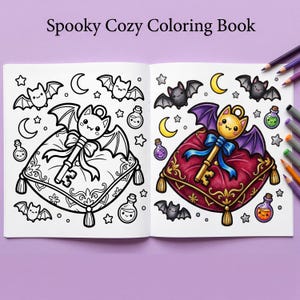 A hand coloring a detailed gothic illustration on a desk surrounded by markers and a cup of tea, showcasing the 8.5x11 format.