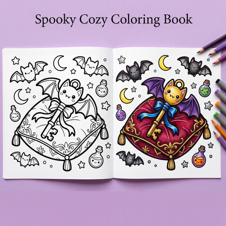 A hand coloring a detailed gothic illustration on a desk surrounded by markers and a cup of tea, showcasing the 8.5x11 format.