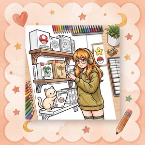 Mockup image showing a printed page from the Mochi's Cozy Gamer Adventures coloring book being colored with markers on a wooden desk, next to a coffee cup.