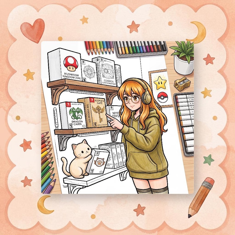 Mockup image showing a printed page from the Mochi's Cozy Gamer Adventures coloring book being colored with markers on a wooden desk, next to a coffee cup.