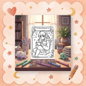 Mockup image showing a printed page from the Mochi's Cozy Gamer Adventures coloring book being colored with markers on a wooden desk, next to a coffee cup.
