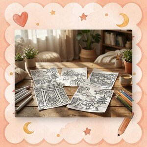 May include: A collection of coloring pages featuring Japanese-inspired illustrations of cats, arranged on a wooden table. The pages are accompanied by colored pencils and markers, suggesting a creative activity. The scene is set in a cozy, well-lit room.