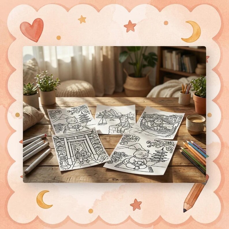 May include: A collection of coloring pages featuring Japanese-inspired illustrations of cats, arranged on a wooden table. The pages are accompanied by colored pencils and markers, suggesting a creative activity. The scene is set in a cozy, well-lit room.