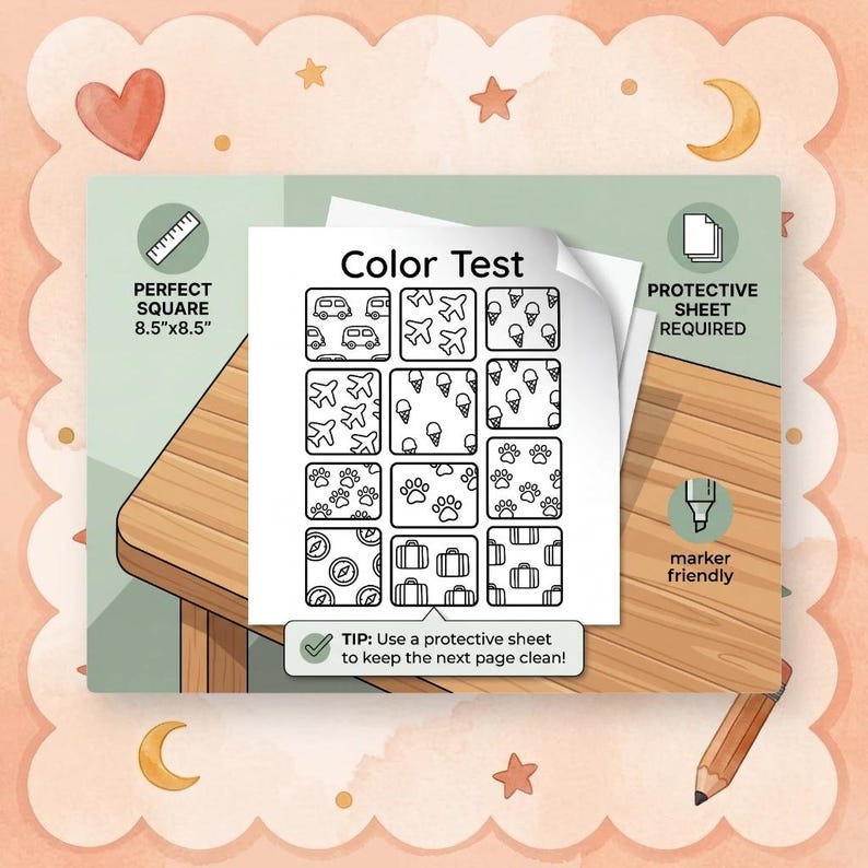 May include: A white "Color Test" sheet with various black line drawings of vehicles, airplanes, ice cream cones, paw prints, compasses, and suitcases. The sheet is 8.5" x 8.5" and requires a protective sheet. The sheet is marker friendly.