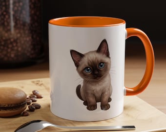 Blau gemustertes Siamesisches Kätzchen Kaffeebecher | Keramik Katzenliebhaber Geschenk (11oz oder 15oz)
