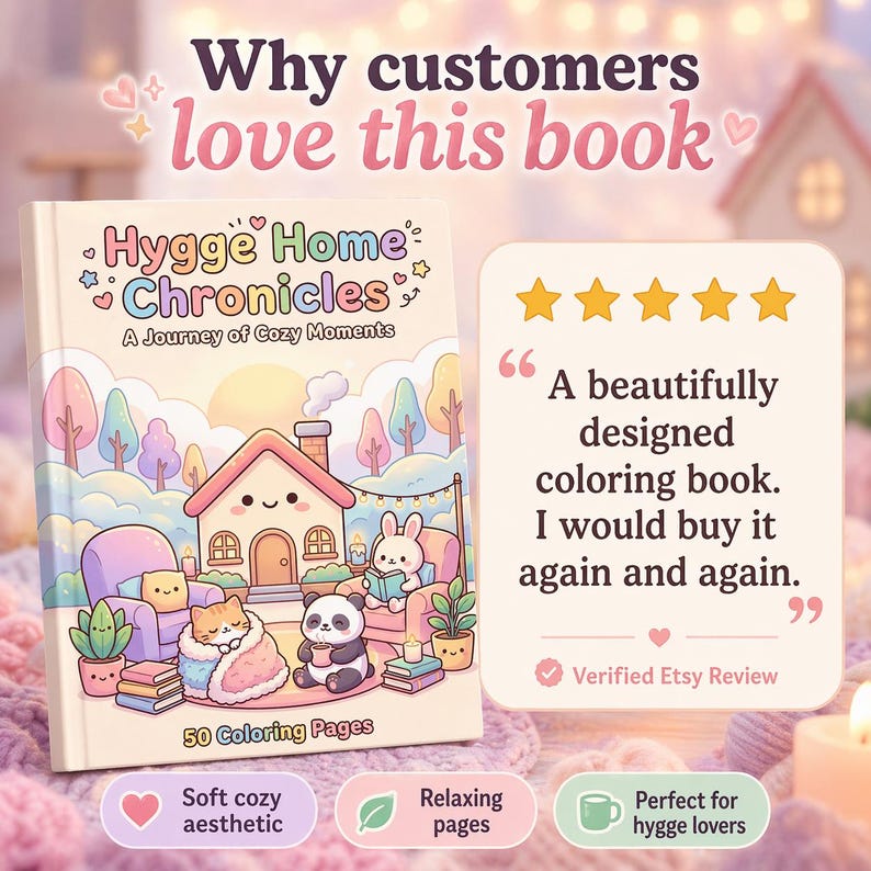 以下が含まれることがあります： 「Hygge Home Chronicles」というタイトルの塗り絵本。家と漫画の動物の居心地の良いイラストが描かれています。この本には50ページの塗り絵があり、ソフトで居心地の良い美学とリラックスできるページがあると説明されています。顧客レビューも表示されています。