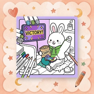 Digital coloring page of a puppy at a computer desk being colored on an iPad with a stylus in a bright aesthetic setting.