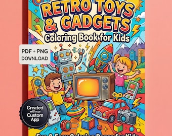 Retro Toys Coloring Book, Vintage Gadgets, Kids Fun Pages (PDF + PNG Download)