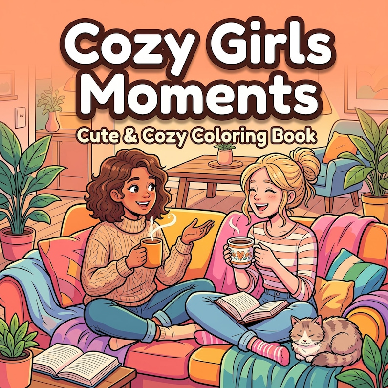 K&ouml;nnte beinhalten: Illustration eines Malbuchcovers mit dem Titel "Cozy Girls Moments: Cute & Cozy Coloring Book." Zwei M&auml;dchen sitzen auf einem Sofa, halten Tassen, mit einer Katze in der N&auml;he. Die Szene ist warm gehalten.