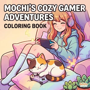Puede incluir: Portada de un libro para colorear con el t&iacute;tulo "Mochi's Cozy Gamer Adventures Coloring Book". La ilustraci&oacute;n presenta a una persona sonriente con auriculares jugando a un juego port&aacute;til, un gato y un mando de juego. La paleta de colores incluye rosa, azul y naranja.