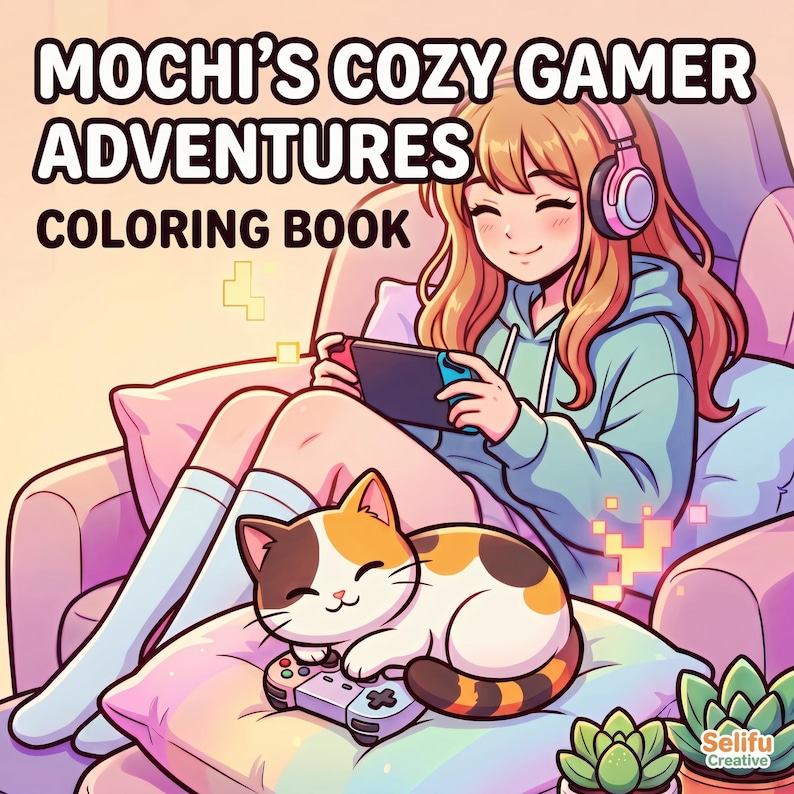 Puede incluir: Portada de un libro para colorear con el t&iacute;tulo "Mochi's Cozy Gamer Adventures Coloring Book". La ilustraci&oacute;n presenta a una persona sonriente con auriculares jugando a un juego port&aacute;til, un gato y un mando de juego. La paleta de colores incluye rosa, azul y naranja.