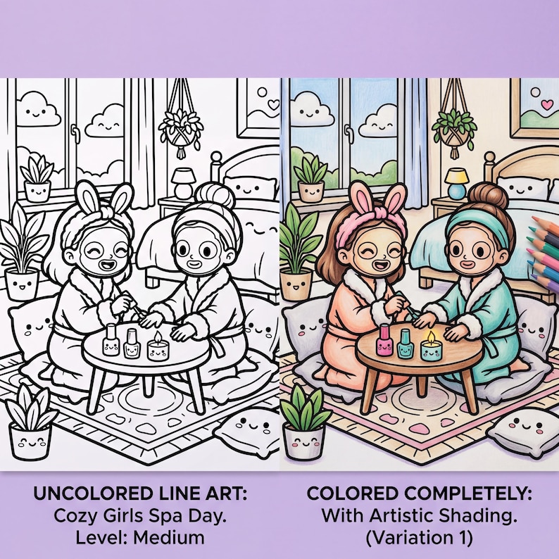 Clean line art digital coloring page showing a girl reading a book wrapped in a comfortable blanket, designed with bold and easy outlines.
