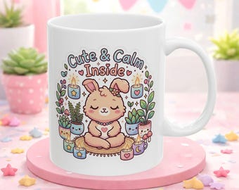 Ceramic Bunny Meditation Mug, Pastel Self Care Coffee Cup