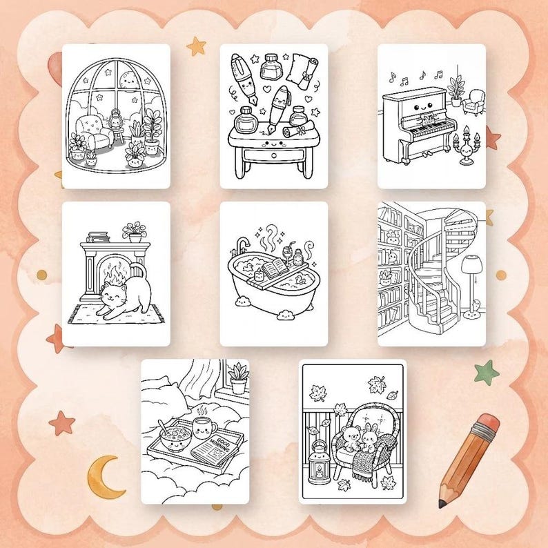 以下が含まれることがあります： 白いカードに描かれた、温かいシーンを描いた8つの白黒イラストのコレクション。温室、ペン付きの机、ピアノ、猫がいる暖炉、バスタブ、図書館、ベッドでの朝食、2匹のウサギがいる椅子など。
