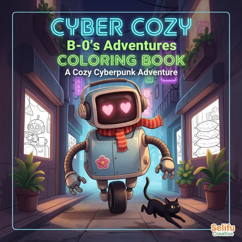 May include: A coloring book cover with the title "CYBER COZY B-0's Adventures COLORING BOOK" in neon green and blue. The image features a robot with a screen face, heart eyes, and a scarf, rolling down a street with a black cat.