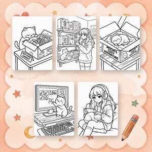 High resolution printable coloring page with a detailed illustration of Mochi the cat sitting at a gaming setup with a controller, in a clear line art style.