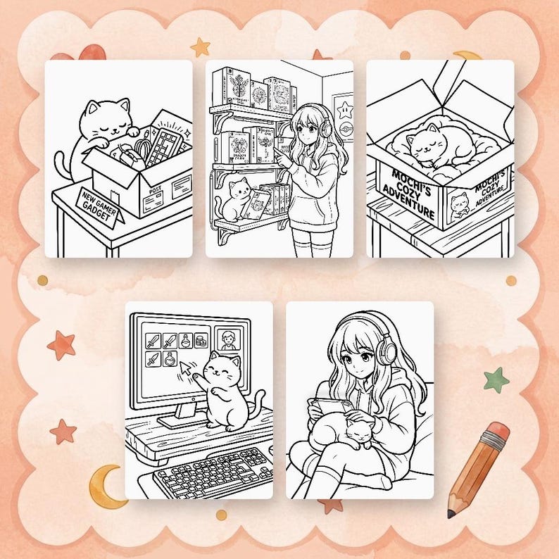 High resolution printable coloring page with a detailed illustration of Mochi the cat sitting at a gaming setup with a controller, in a clear line art style.