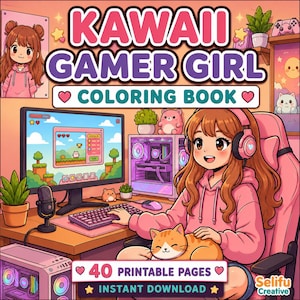 K&ouml;nnte beinhalten: Eine digitale Illustration eines Malbuch-Covers mit dem Titel Kawaii Gamer Girl Coloring Book. Es zeigt eine Figur mit braunen Haaren und rosa Kopfh&ouml;rern, die an einem Schreibtisch mit Computer, Tastatur, Mikrofon und einer Katze auf dem Scho&szlig; sitzt.