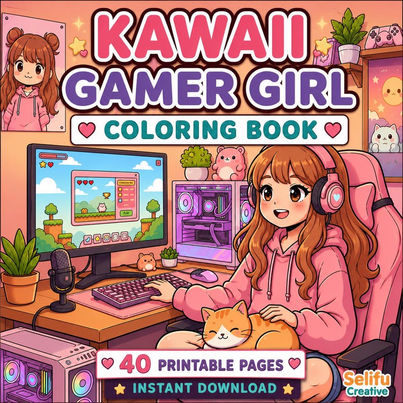 K&ouml;nnte beinhalten: Eine digitale Illustration eines Malbuch-Covers mit dem Titel Kawaii Gamer Girl Coloring Book. Es zeigt eine Figur mit braunen Haaren und rosa Kopfh&ouml;rern, die an einem Schreibtisch mit Computer, Tastatur, Mikrofon und einer Katze auf dem Scho&szlig; sitzt.