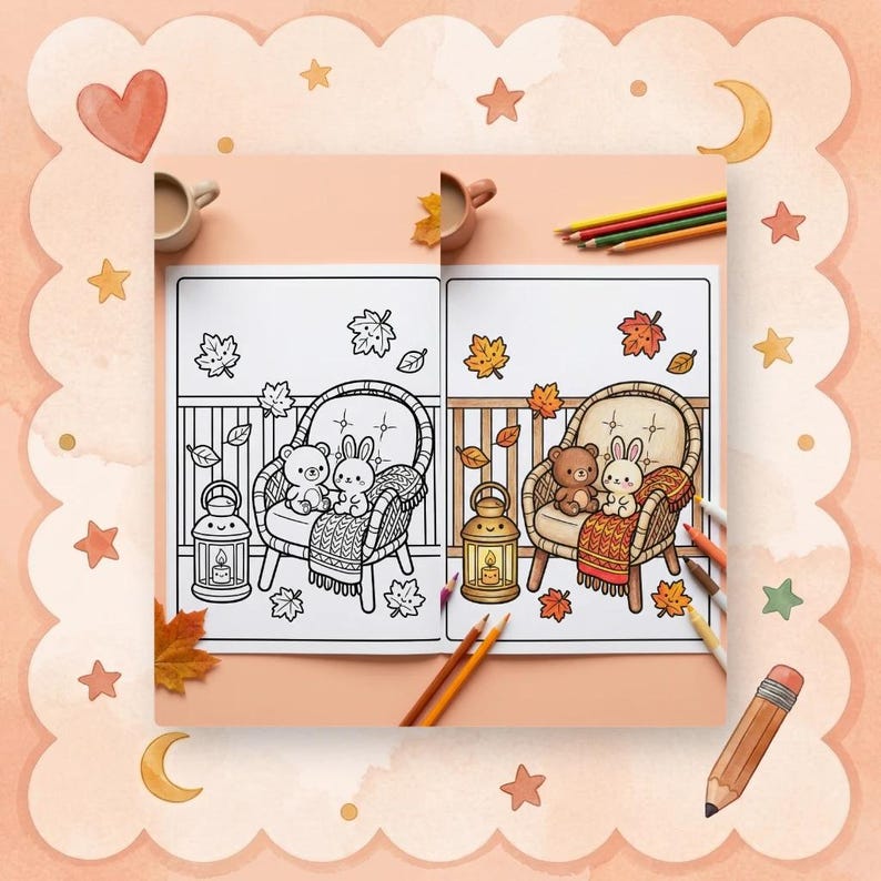 以下が含まれることがあります： 秋のシーンを描いた塗り絵の2ページ見開き。片方のページは白黒の輪郭で、もう片方は色付きです。シーンには、椅子、テディベア、ウサギ、毛布、ランタン、落ち葉が含まれています。