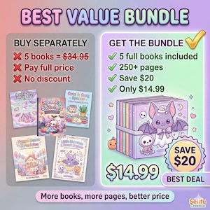 Puede incluir: Un gr&aacute;fico digital que compara un paquete de cinco libros para colorear con compras individuales. El paquete muestra una pila de libros con una ilustraci&oacute;n de un murci&eacute;lago morado y texto que incluye 'BEST VALUE BUNDLE' y '$14.99'.