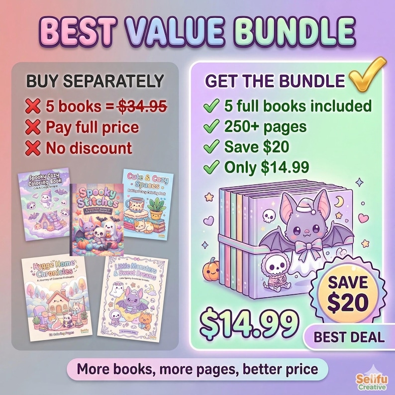 Puede incluir: Un gr&aacute;fico digital que compara un paquete de cinco libros para colorear con compras individuales. El paquete muestra una pila de libros con una ilustraci&oacute;n de un murci&eacute;lago morado y texto que incluye 'BEST VALUE BUNDLE' y '$14.99'.