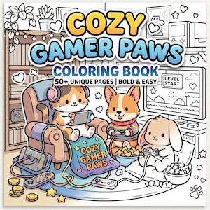 Op de afbeelding: Een kleurboek getiteld "COZY GAMER PAWS" met illustraties van schattige dierenfiguren die videogames spelen. De omslag bevat een kat, een corgi en een konijn, samen met gameconsoles en de tekst "50+ UNIQUE PAGES | BOLD & EASY".