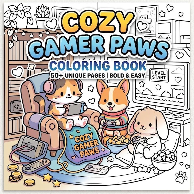 Op de afbeelding: Een kleurboek getiteld "COZY GAMER PAWS" met illustraties van schattige dierenfiguren die videogames spelen. De omslag bevat een kat, een corgi en een konijn, samen met gameconsoles en de tekst "50+ UNIQUE PAGES | BOLD & EASY".