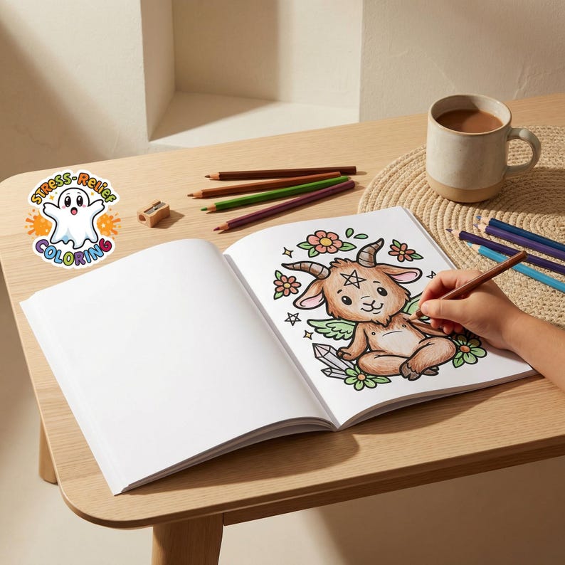 May include: An open coloring book featuring a cartoon goat-like character, with colored pencils, a pencil sharpener, and a mug of coffee on a wooden table. The book has a sticker with the words "Stress-Relief Coloring".