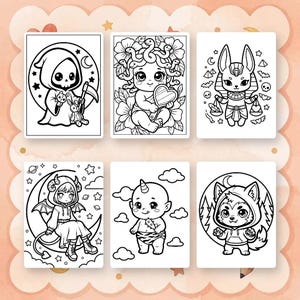 Puede incluir: Un conjunto de seis p&aacute;ginas para colorear en blanco y negro con ilustraciones estilo chibi de una parca, Medusa, una deidad egipcia, un demonio alado sobre una luna creciente, un beb&eacute; unicornio y un hombre lobo con l&iacute;neas marcadas.