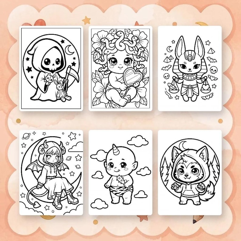 Puede incluir: Un conjunto de seis p&aacute;ginas para colorear en blanco y negro con ilustraciones estilo chibi de una parca, Medusa, una deidad egipcia, un demonio alado sobre una luna creciente, un beb&eacute; unicornio y un hombre lobo con l&iacute;neas marcadas.