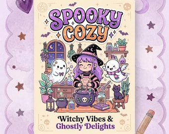 Gruseliges gemütliches Malbuch, magische Kräuterkundler-Geist-Freunde, fette, einfache Seiten (PDF + PNG Download)