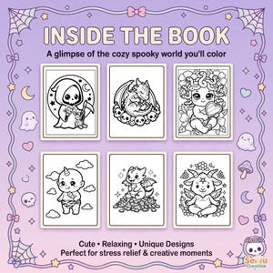 Pu&ograve; includere: Immagine promozionale per un libro da colorare con sei illustrazioni in bianco e nero di personaggi carini e spettrali. Il testo recita "INSIDE THE BOOK" e "A glimpse of the cozy spooky world you'll color."