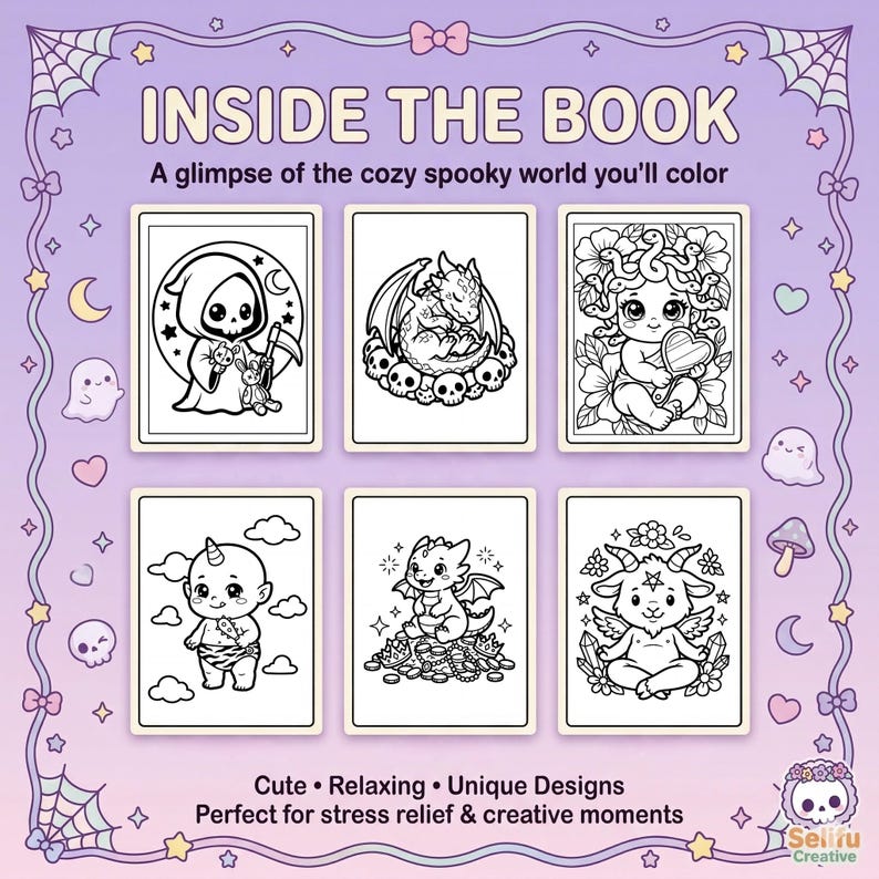 Pu&ograve; includere: Immagine promozionale per un libro da colorare con sei illustrazioni in bianco e nero di personaggi carini e spettrali. Il testo recita "INSIDE THE BOOK" e "A glimpse of the cozy spooky world you'll color."