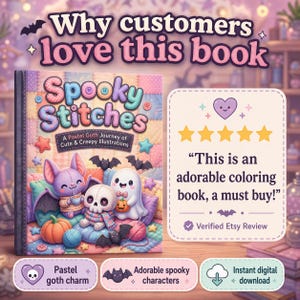 May include: A book titled "Spooky Stitches" with a pastel goth theme. The cover features cute, creepy illustrations of a bat, ghost, and skull. The book includes the text "A Pastel Goth Journey of Cute & Creepy Illustrations."