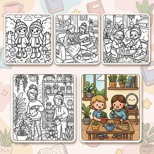 K&ouml;nnte beinhalten: Eine Sammlung von f&uuml;nf quadratischen Illustrationen mit Strichzeichnungen von Menschen in verschiedenen Umgebungen. Szenen zeigen Freunde im Winter, Entspannung auf einer Couch, Hautpflege, Gartenarbeit und das Pflanzen von Sukkulenten. Die Illustrationen sind in Schwarzwei&szlig; mit etwas Farbe.