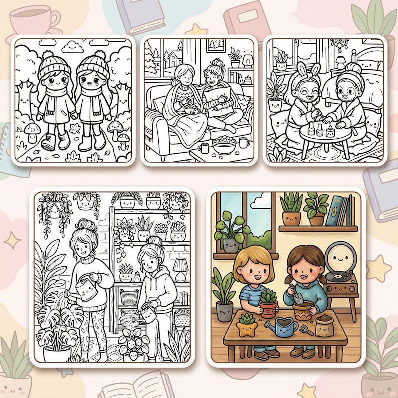 K&ouml;nnte beinhalten: Eine Sammlung von f&uuml;nf quadratischen Illustrationen mit Strichzeichnungen von Menschen in verschiedenen Umgebungen. Szenen zeigen Freunde im Winter, Entspannung auf einer Couch, Hautpflege, Gartenarbeit und das Pflanzen von Sukkulenten. Die Illustrationen sind in Schwarzwei&szlig; mit etwas Farbe.