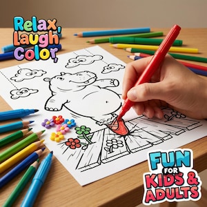 A person laughing while coloring a funny ugly cute drawing with bright alcohol markers on a printed 8.5 by 11 inches digital download paper.