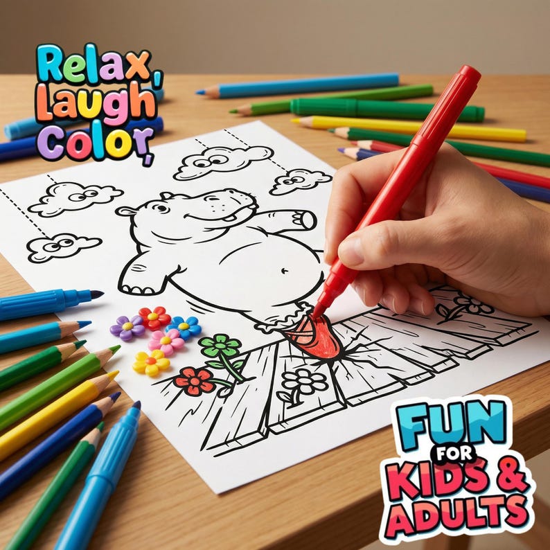 A person laughing while coloring a funny ugly cute drawing with bright alcohol markers on a printed 8.5 by 11 inches digital download paper.