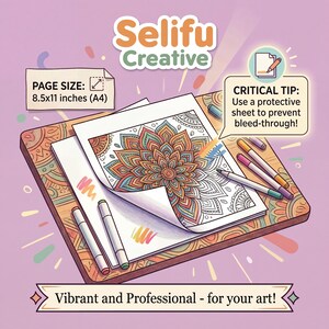 Puede incluir: Una p&aacute;gina para colorear con un dise&ntilde;o floral de mandala se muestra sobre una superficie de madera, con rotuladores de colores y el texto "Selifu Creative". El tama&ntilde;o de la p&aacute;gina es de 21,6 x 27,9 cm (A4). La imagen incluye el texto "Vibrant and Professional - for your art!"
