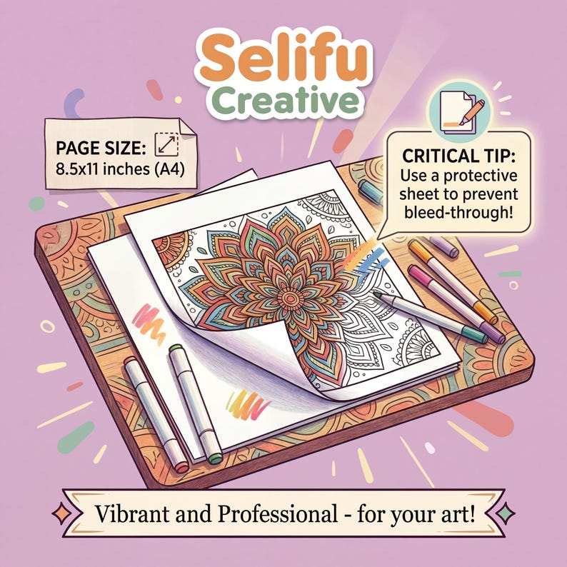 Puede incluir: Una p&aacute;gina para colorear con un dise&ntilde;o floral de mandala se muestra sobre una superficie de madera, con rotuladores de colores y el texto "Selifu Creative". El tama&ntilde;o de la p&aacute;gina es de 21,6 x 27,9 cm (A4). La imagen incluye el texto "Vibrant and Professional - for your art!"