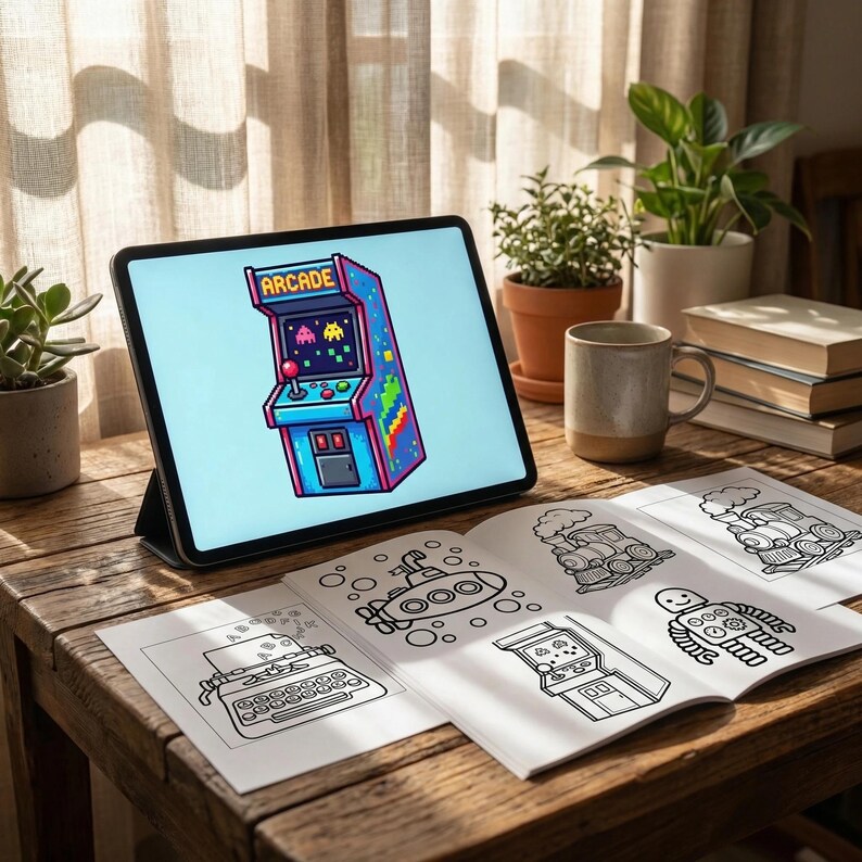 K&ouml;nnte beinhalten: Ein Tablet zeigt einen farbenfrohen Pixel-Art-Spielautomaten mit dem Wort ARCADE oben. Daneben liegt ein offenes Malbuch mit schwarz-wei&szlig;en Strichzeichnungen einer Schreibmaschine, eines U-Boots, eines Zuges, eines Roboters und eines Spielautomaten.