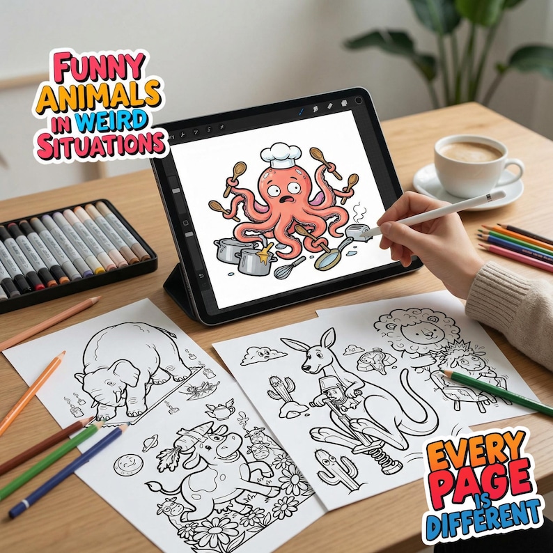 May include: An illustration of a pink octopus chef with wooden spoons on a tablet, with the text "FUNNY ANIMALS IN WEIRD SITUATIONS". Coloring pages with animal illustrations and the text "EVERY PAGE IS DIFFERENT" are on the table.